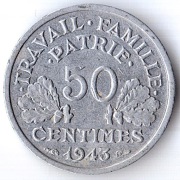 FRANCJA VICHY , 50 centimes 1943, KM# 914.4, XF