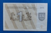 Banknot - LITWA 1 TALONAS 1991 bez klauzuli na rewersie. Seria CT.