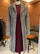 Elegancki długi wełniany płaszcz damski melanż pepitka jesień zima