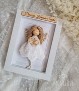 Anioł stróż pamiatka pierwszej komunii świętej makrama rękodzieło w ramce 