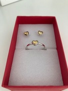 Pandora komplet pierścionek + kolczyki serduszka TT two tone srebro zloto