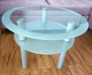 Szklany okrągły stolik kawowy średnica 60 cm z półką Świetny Stan