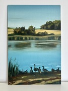 Obraz pejzaż jezioro kaczki plenerowy na płycie malarskiej prezent 30*20 cm