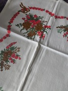 Obrus biały w kwiaty vintage PRL brązowe żonkile