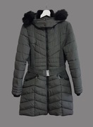 Damska kurtka zimowa ciemno szara z kapturem i paskiem C&A 38/M