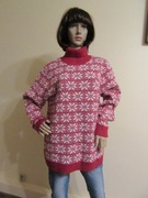 Norweski sweter damski malinowa czerwień biały wzór 50% wełna _ 42