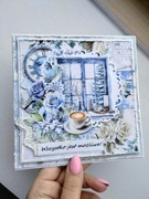 Zimowa retro kartka z oknem i śniegiem uniwersalna handmade 