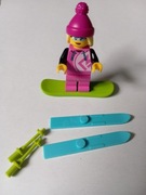 LEGO figurka dziewczyna z nartami i deską narciarka 