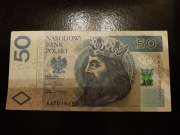 Banknot Polska 50 zł seria AA numer 7016057 2012 rok