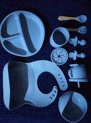 Nowy zestaw naczyń silikonowy dla dzieci niebieski z dodatkiem drewna