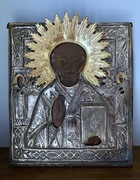 Ikona Św. Mikołaj Rosja XIX w. ryza srebrzona