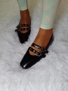 (38/39) Czarne baleriny wieczorowe z podwójnym zapięciem, NOWE 