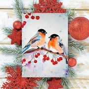 Piękna Akwarela Oryginał, gile, malowane ptaki, w ramie A5, obrazek zimowy