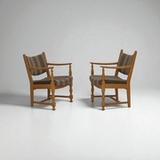 Lata 70, para skandynawskich foteli, wełna meblowa, drewno dębowe.