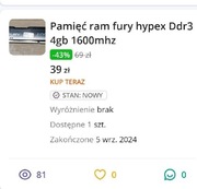 Pamięć ram fury hypex Ddr3 4gb 1600mhz