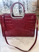 Elegancka  bordowa torebka Genuine Leather  Vera Pelle skóra lakierowana 