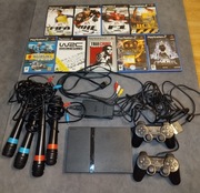Sony PlayStation 2 PS2 slim, 2 pady, 4 mikrofony Singstar, 9 gier