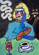 Obraz ręcznie malowany olejny portret babci przy zielonym stole