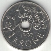 Norwegia 1 korona krone 1997 - 21 mm