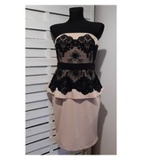 Eve, beżowa elegancka sukienka z czarną koronką, baskinka, rozm. 40, L