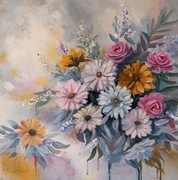 M. Rudziński "Kwiaty" 30x30cm. Obraz olejny na płótnie