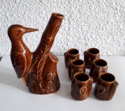 Karafka ceramiczna dzięcioł z kubeczkami -  rzemiosło artystyczne PRL