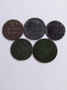 1 Grosz z 1823 r, 1/2 Grosza z1767 i 1768 r , Solid 1760 i Deneżka z 1855 r