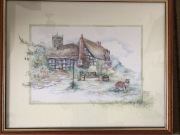 Obraz akwarela – wiejski krajobraz z domem, w drewnianej ramie za szkłem