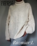 Kremowy sweter golf PAPAYA L  Oversize  Ażurowy, miękki, bardzo wygodny