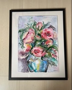 Obraz ręcznie malowany akwarela Róże w wazonie nowy