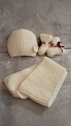 Czapeczka, szlik i buciki ecru z wełny handmade