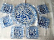 SZKLANA PATERA - i- 6 TALERZYKÓW -WZÓR CEBULOWY