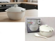 waza ceramiczna z pokrywką i łyżką falowany wzór w prążki złoty pas 24 x 18