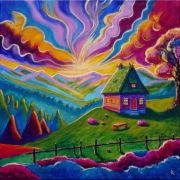Surrealistyczny pejzaż  "Z innej bajki" -  akryl na płótnie, 50x50cm