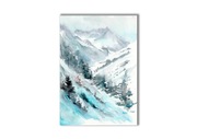 Zima. Góry. Akwarela ręcznie malowana pejzaż górski + rama