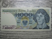 BANKNOT PRL 1000 ZŁOTYCH 1975 ROK SERIA AR MIKOŁAJ KOPERNIK UNC