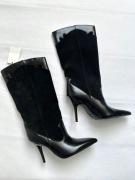 ZARA czarne kozaki kowbojskie wysokie 100% skóra zamsz szpilka NOWE 39