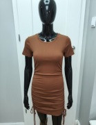 Hit Zara! dopasowana sukienka prążek z marszczeniem camel M 