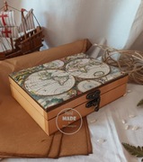 skrzynka na zegarki, mapa świata, unisex, bejcowana