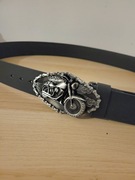 Czarny męski skórzany pasek z motocyklem