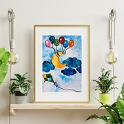 Akwarela oryginalna A4 "Latawiec w Chmurach", dziecięca, kolorowa, balony