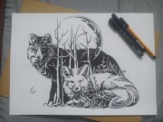 Rys. dwa wilki, cienkopis - blok t. A3, 250 g/m2