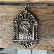 Zabytkowy grecki prawosławny posrebrzany medalion ikona Maryja | vintage
