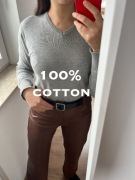 Sweter damski długi rękaw dekolt V elegancki 100% bawełna szary rozmiar M L