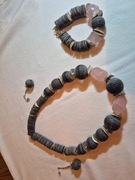 Komplet biżuterii agat + kwarc różowy naszyjnik, bransoleta, kolczyki