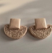 Kolczyki geometryczne retro słomiane drewniane rattanowe naturalny beż