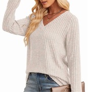 sweter damski luźny z długim rękawem dekolt V jednokolorowy beż   XL