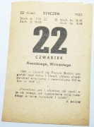 Kartka z kalendarza z 22.01.1981 r. Metryczka urodzin, itp. !! ORYGINALNA !