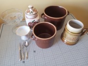 Stare szkło, ceramika, kamionka, cukierniczka, mini sztućce