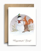 Kartka świąteczna bożonarodzeniowa - Wiewiórka i Bałwan